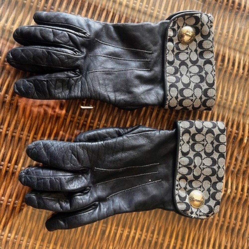 Buttersoft Black Leather COACH Gloves w/Signature Fabric Cuffs ~ size Medium